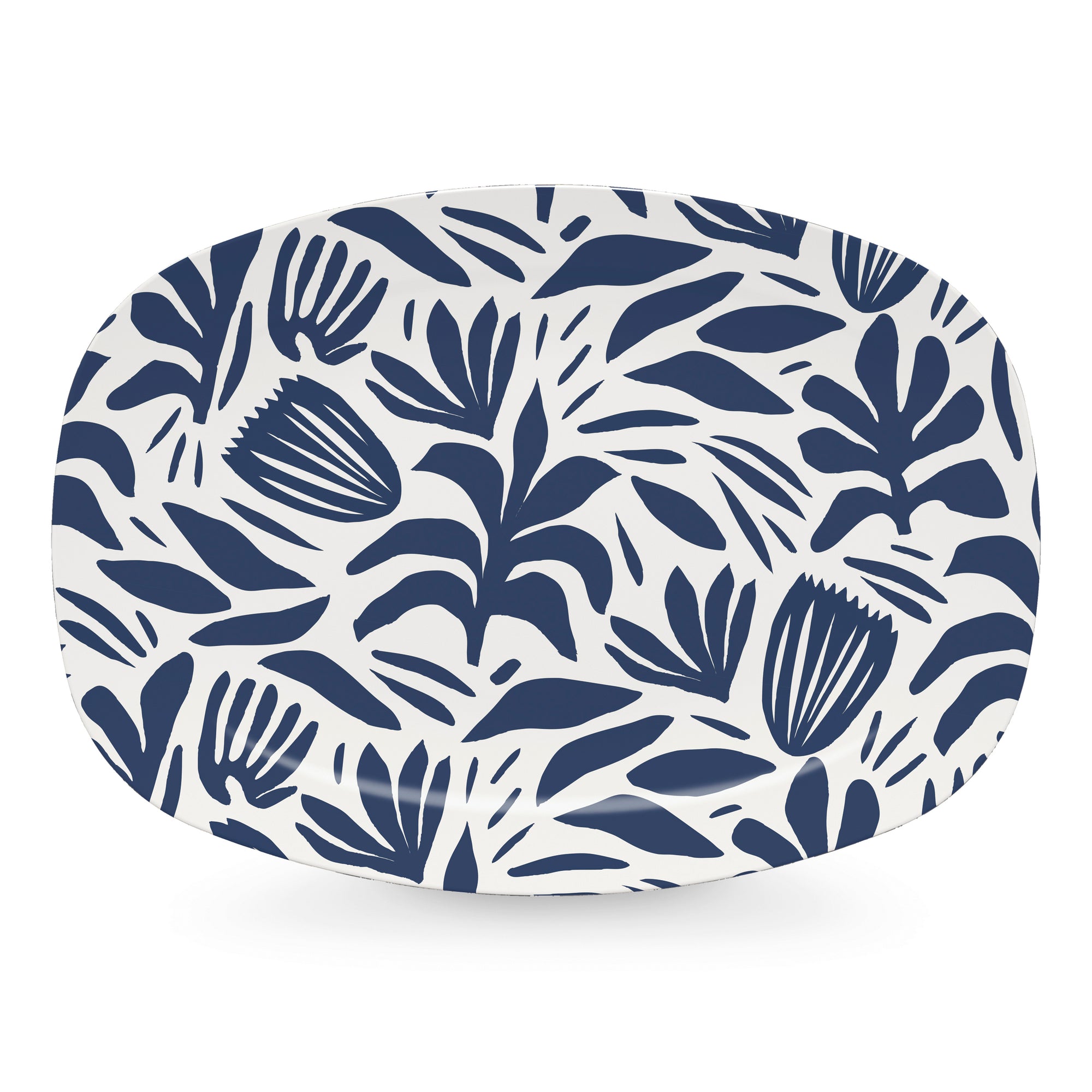 A round blue melamine platter with a floral and botanical pattern.