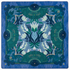 Decorative mat with floral and fan design on a blue background