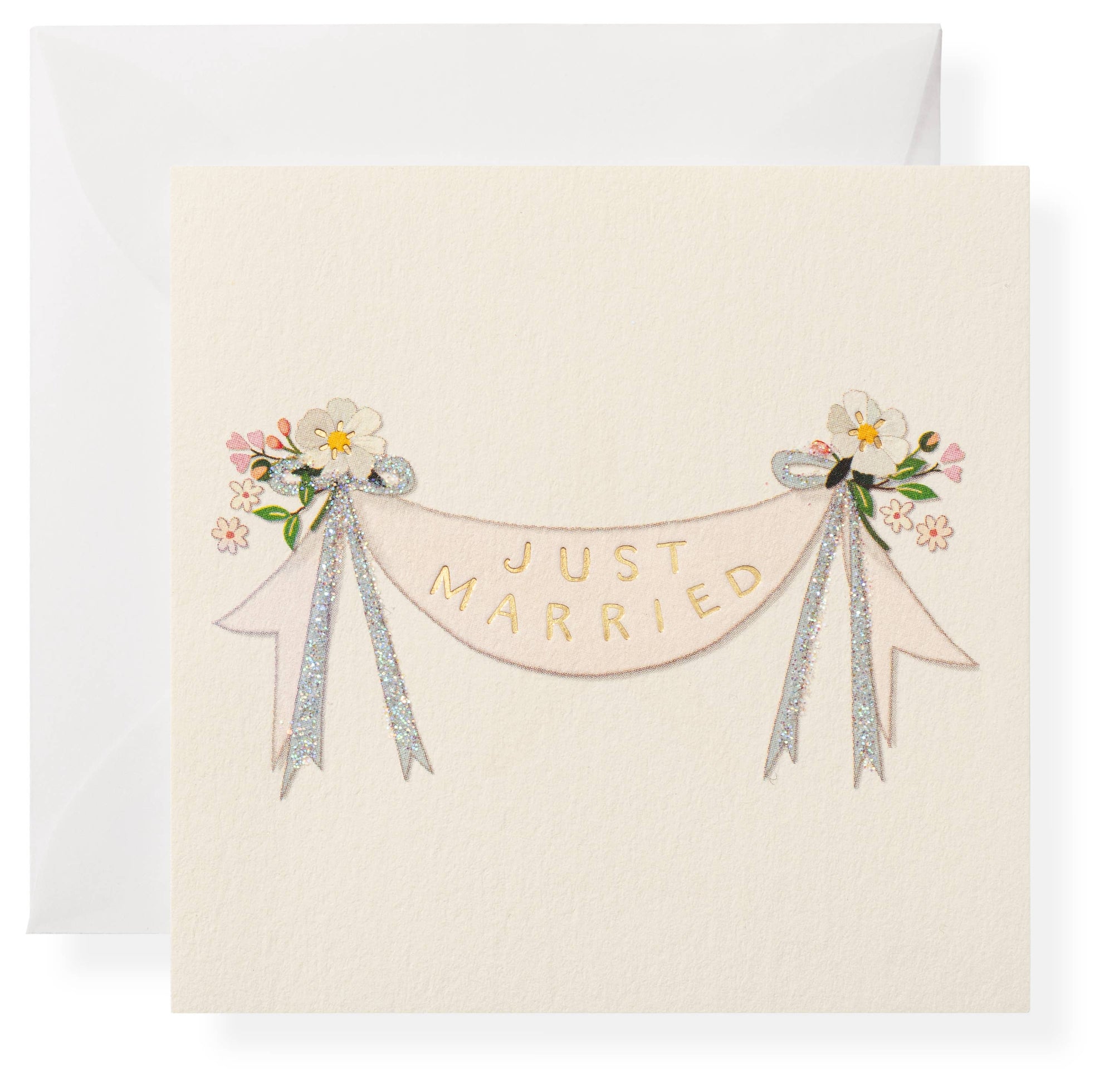 Card with 'Just Married' banner and floral decorations on a white background