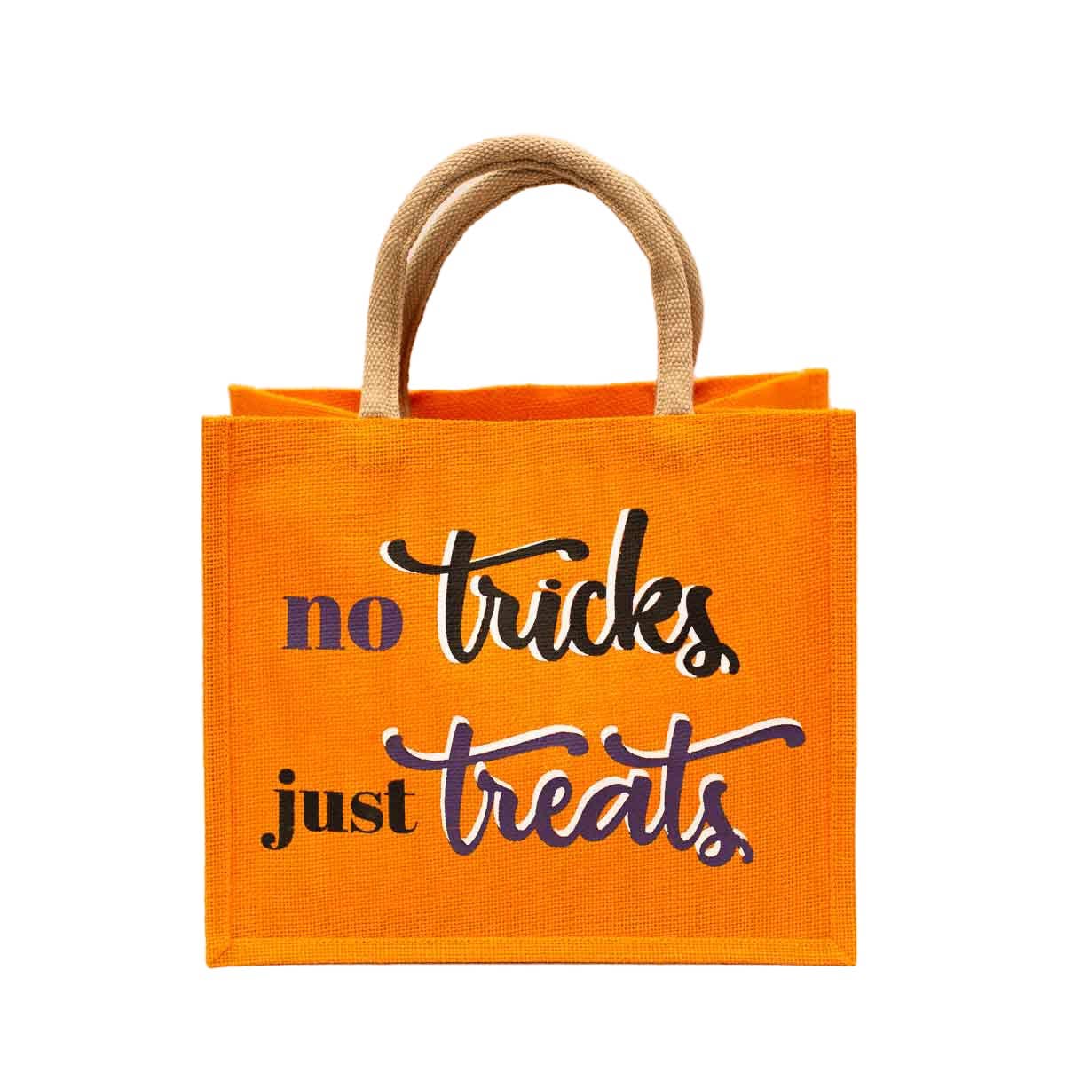 Orange bag with 'no tricks just treats' text on a white background