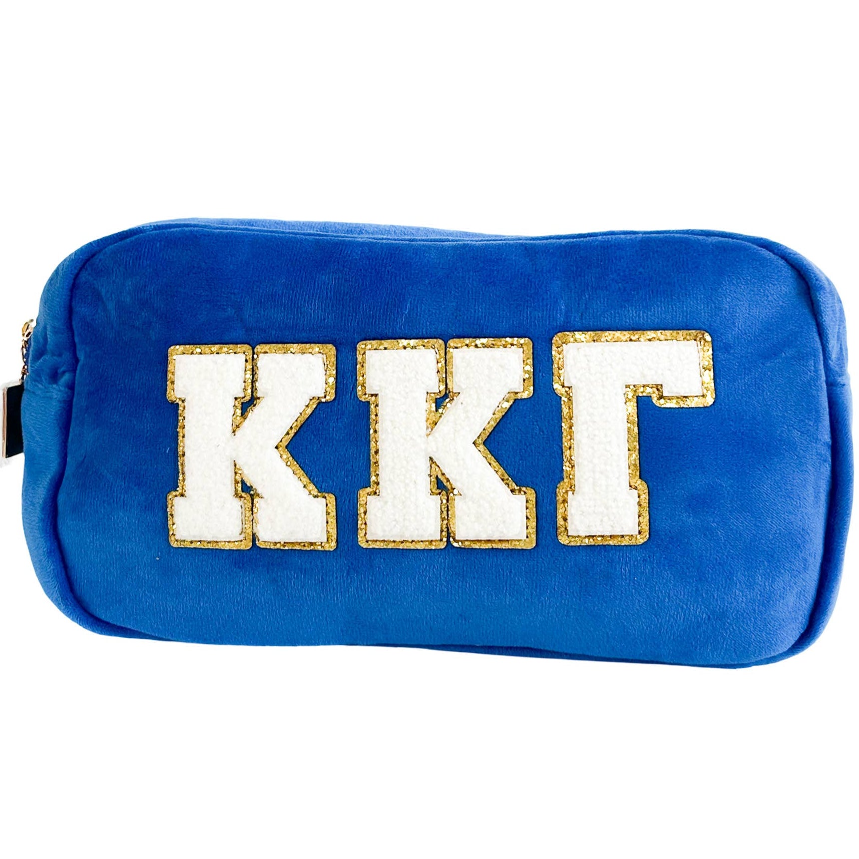 Blue pouch with 'KKG' letters on a white background