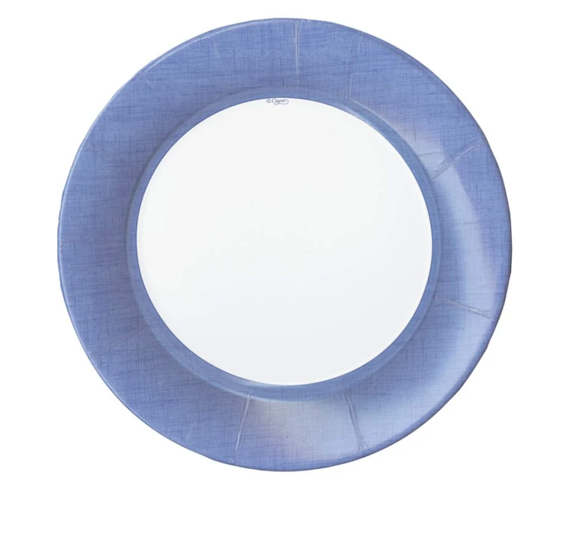 A round paper plate with a textured, woven-like blue pattern, shown from a top-down view on a solid white background.