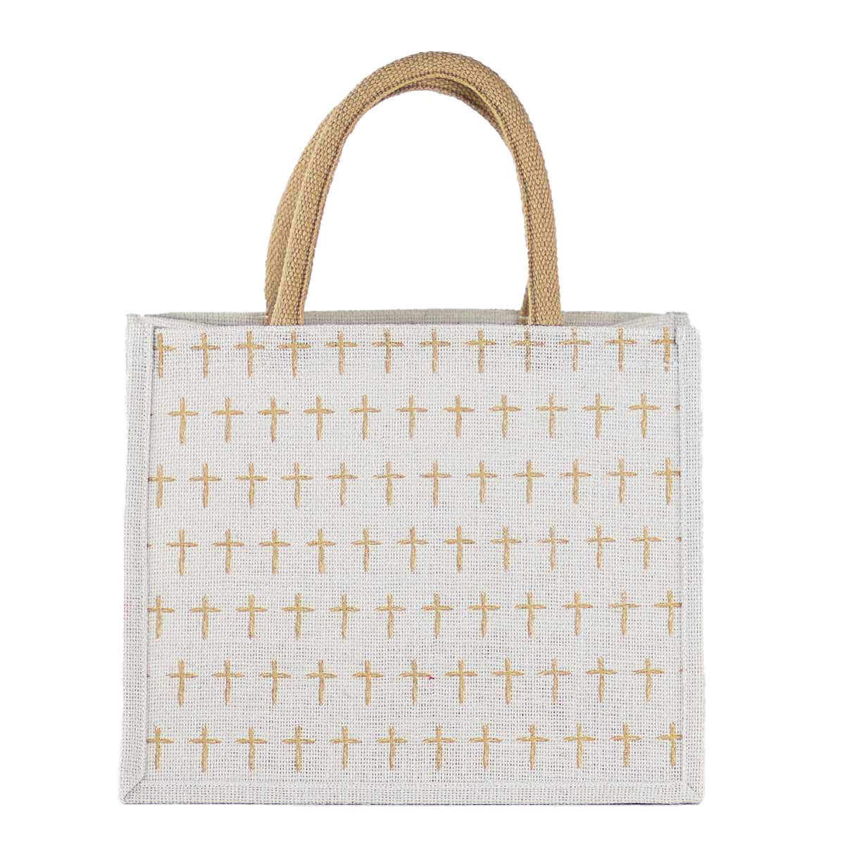 Jute bag with gold cross pattern on a white background