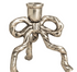 A metallic silver candle holder shaped like a stylized bow with three twisted legs and a cylindrical top cup, shown on a plain white background.