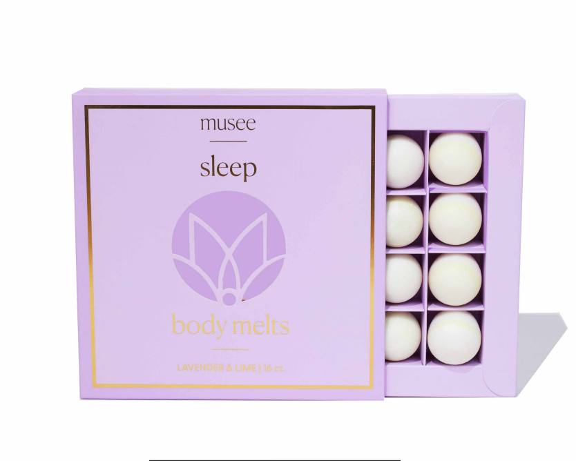 Purple box of Musee body melts labeled 'sleep' on a lilac background