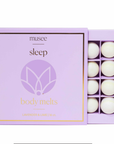 Purple box of Musee body melts labeled 'sleep' on a lilac background