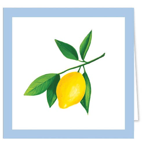 Card with a lemon and green leaves on a white background