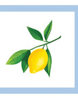 Card with a lemon and green leaves on a white background
