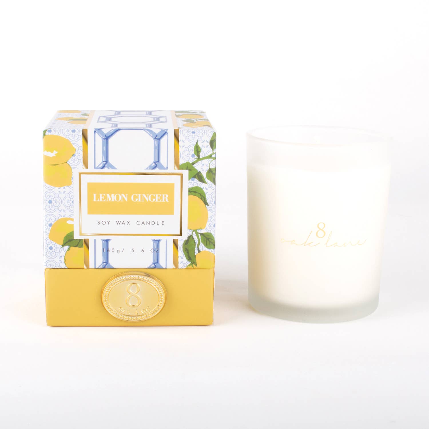 Lemon Ginger candle with packaging on a white background