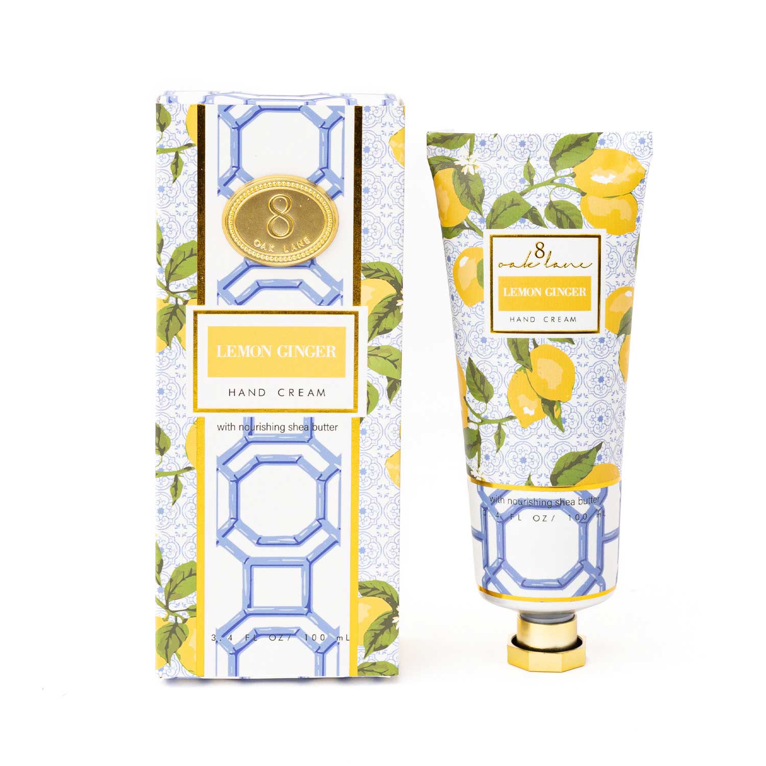 Hand cream with packaging featuring lemon design on a white background