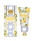 Hand cream with packaging featuring lemon design on a white background