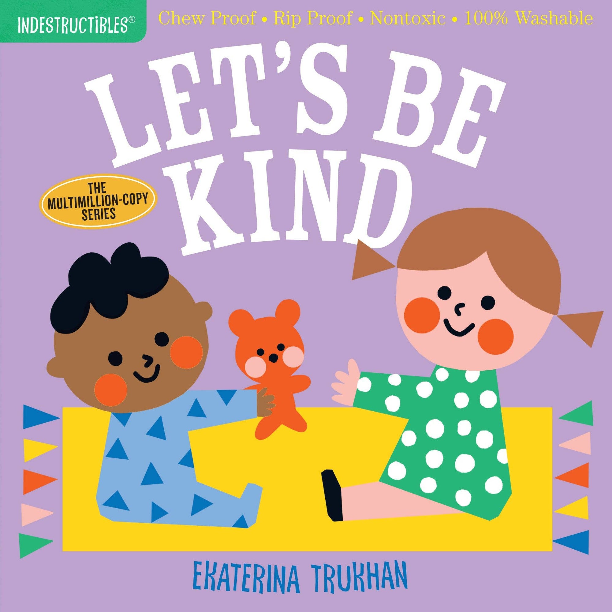 Book cover of 'Let's Be Kind' with two children and a teddy bear on a purple background.