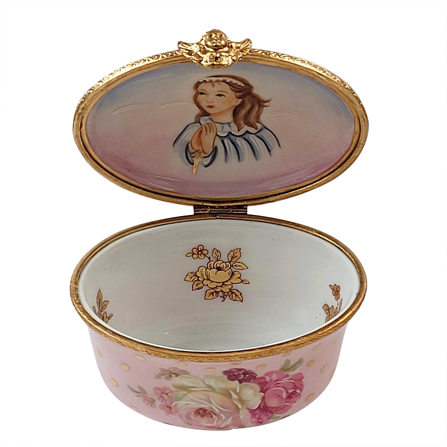 A hand painted porcelain Limoges box with floral patterns and gold accents, depicting a child on the lid.