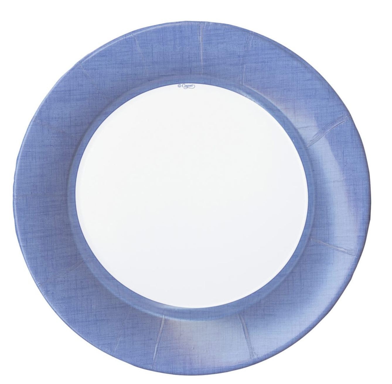 A round paper plate with a wide rim in a textured periwinkle blue color, shown from a top-down view on a white background.