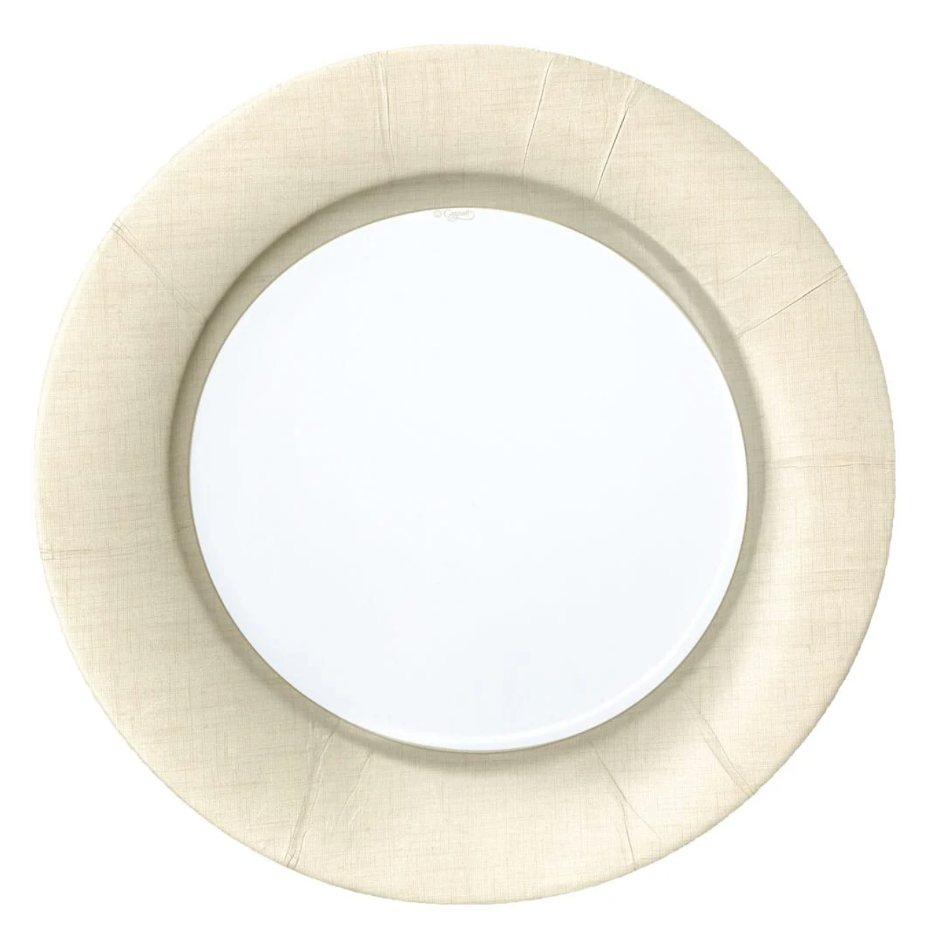 A round paper platewith a wide, textured cream-colored frame, shown against a solid white background.
