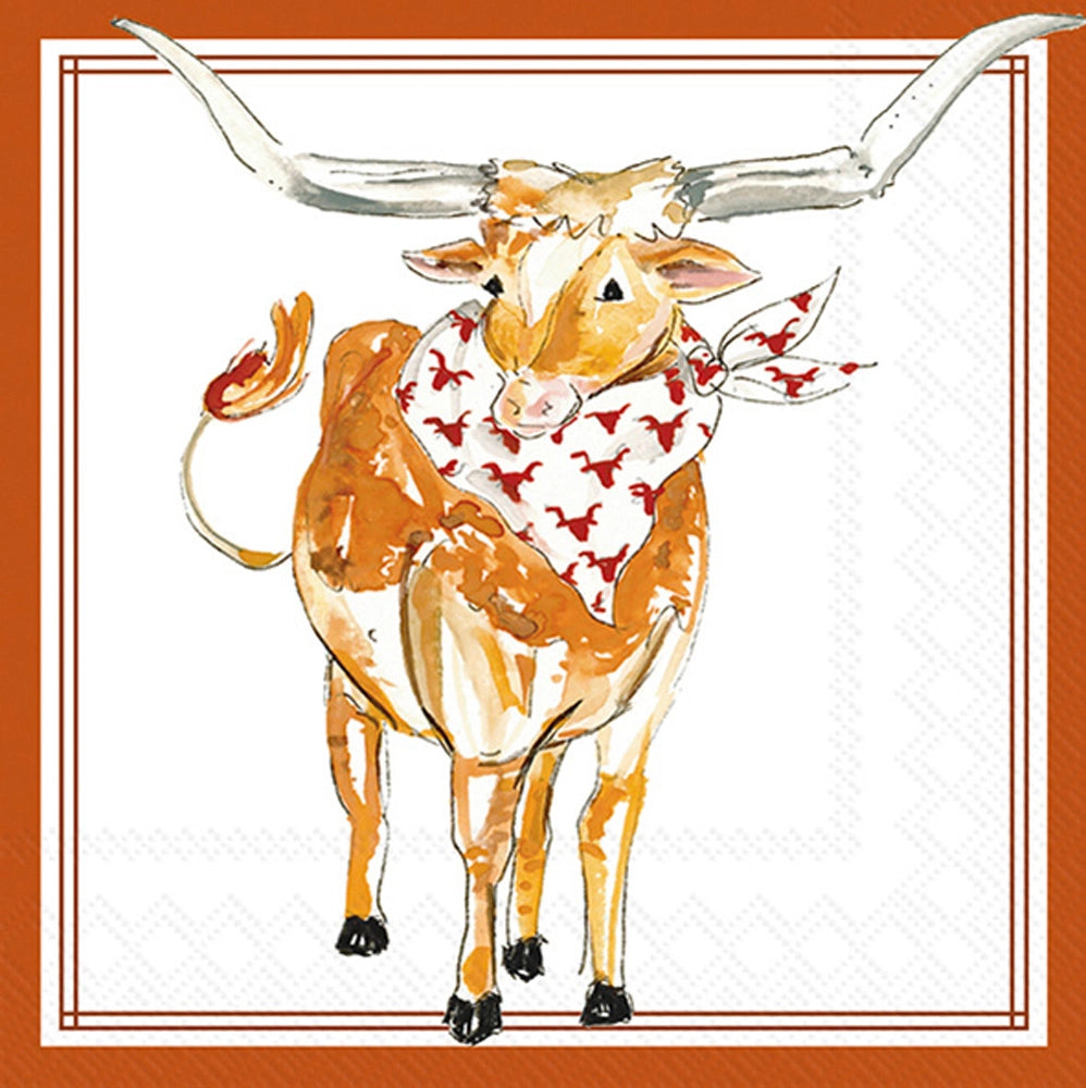 A paper cocktail napkin with an illustration of a longhorn steer wearing a necktie.
