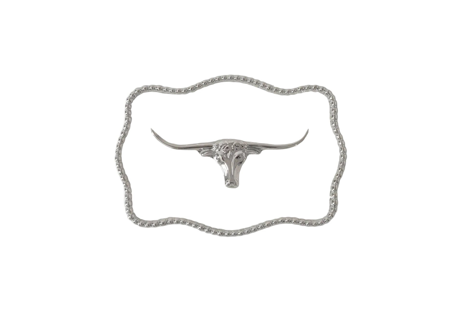 A white porcelain tray with a silver Longhorn design and lustrous silver beads around the edge.