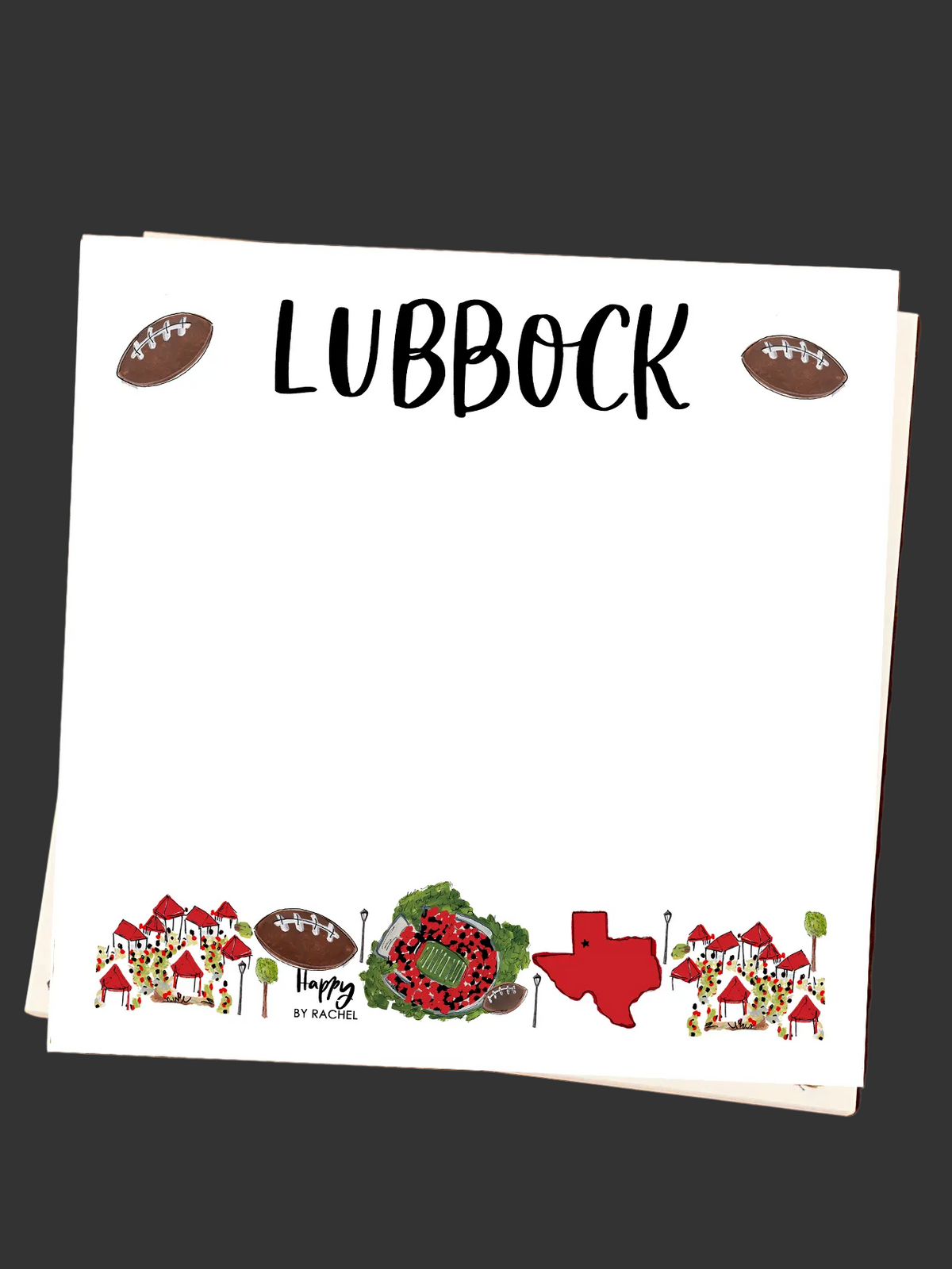 A notepad with 'LUBBOCK' written on the front, featuring illustrations of a football.