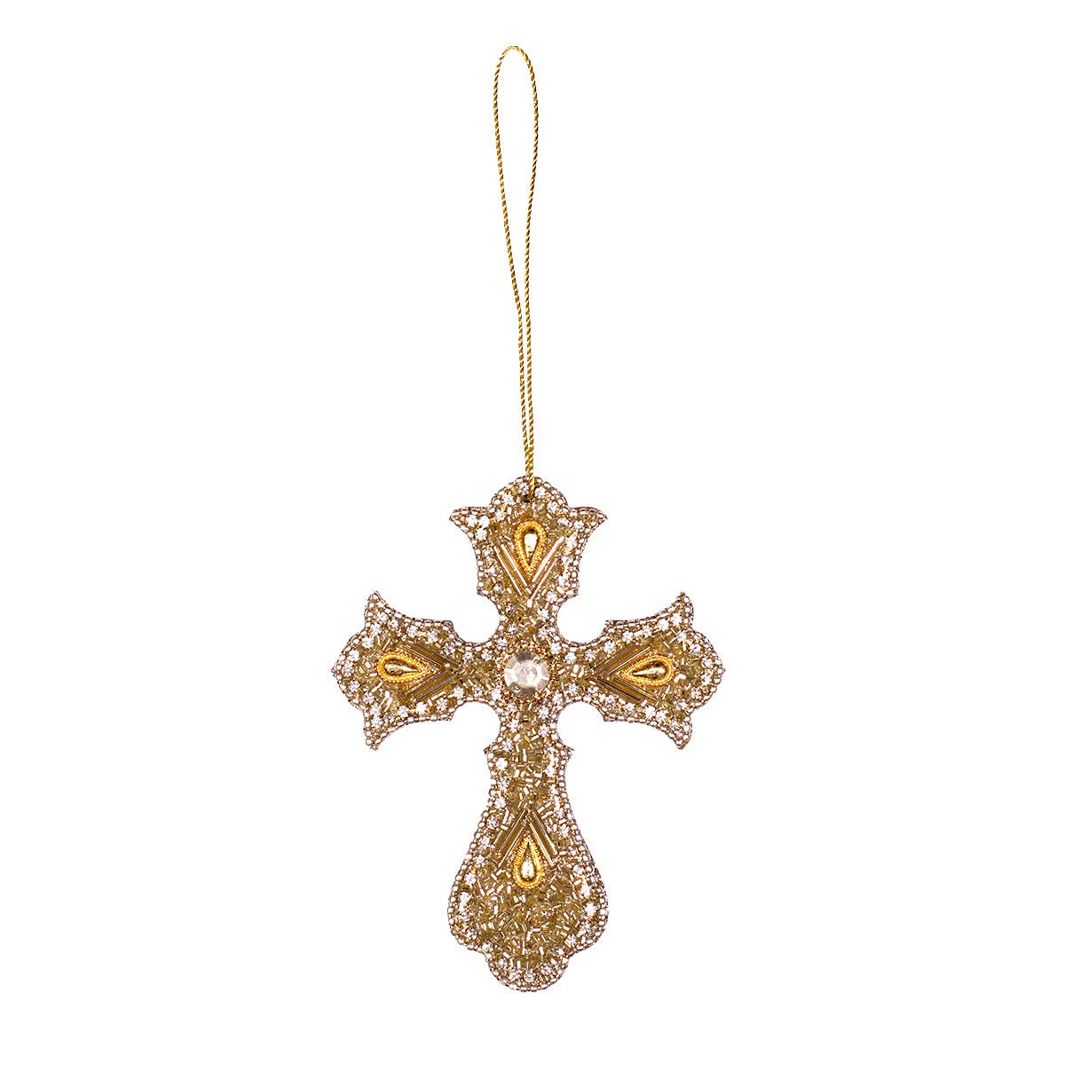 Decorative gold cross ornament on a white background