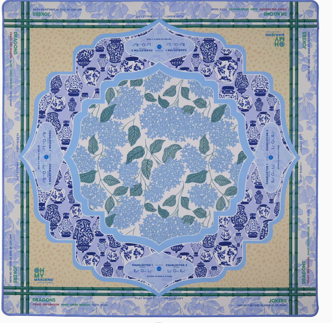 Decorative blue floral design on a beige background with green border
