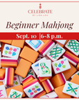 Graphic for a 'Beginner Mahjong' event by Lisa Lou, featuring a collage of colorful wooden mahjong tiles on a cream background with red text and borders.