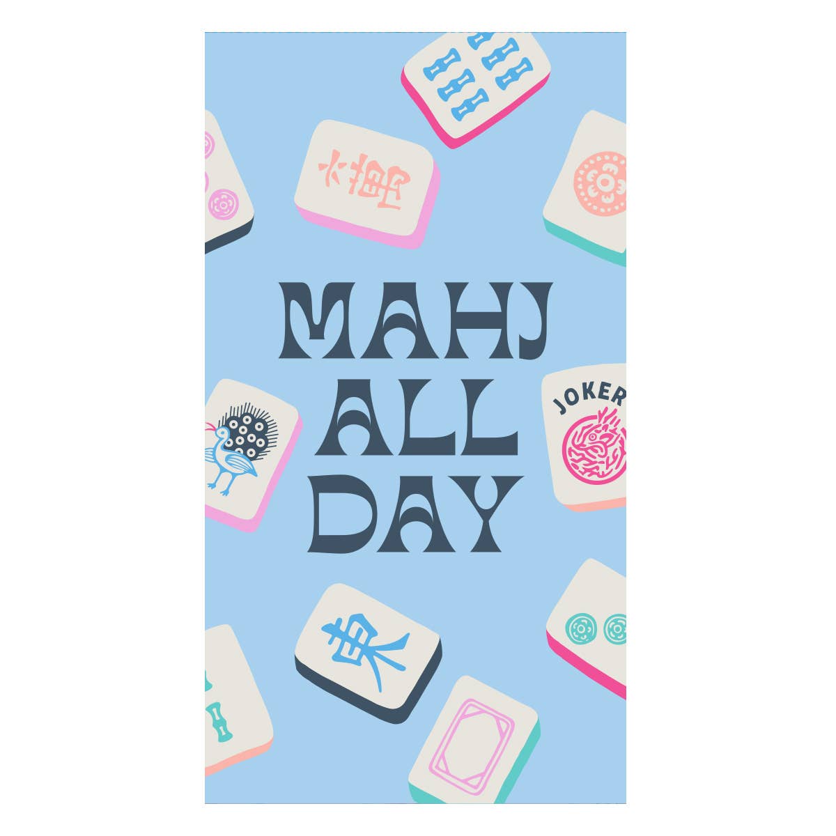 Card with 'MAHJ ALL DAY' text and colorful Mahjong tiles on a blue background