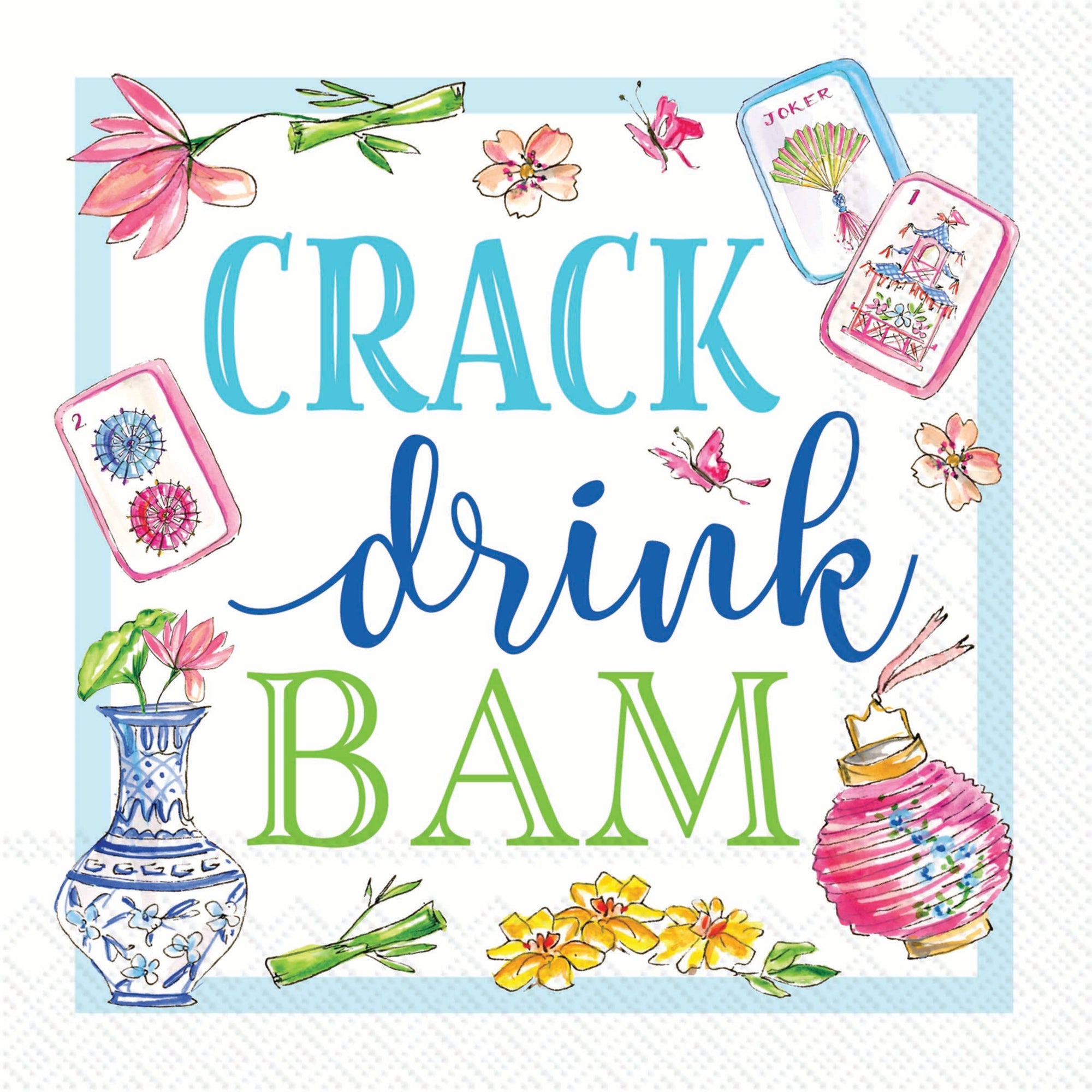 Decorative book cover with colorful text 'Crack Drink BAM' and illustrations on a light blue background.