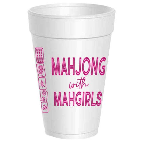 White styrofoam cup with pink text 'MAHJONG with MAHGIRLS' on a white background