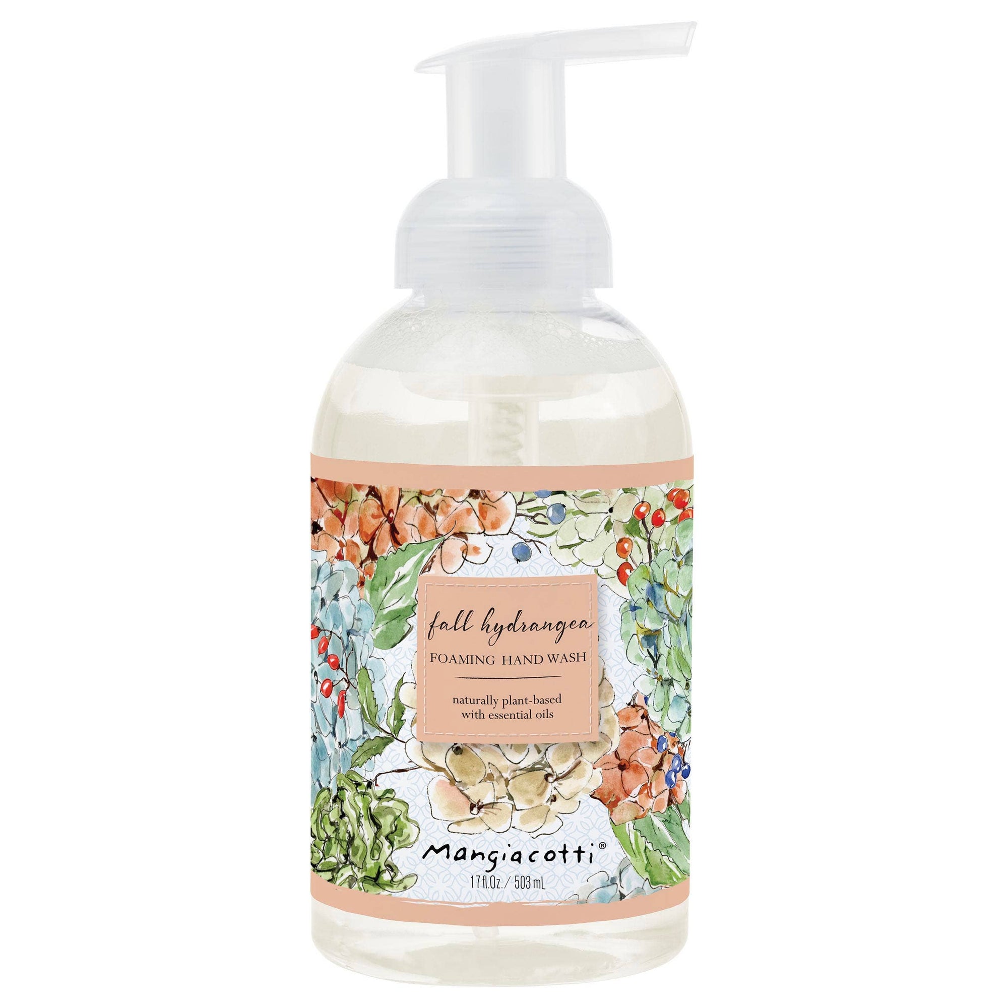 A bottle of Mangiacotti Fall Hydrangea foaming hand wash with a clear pump dispenser and a colorful floral label, set against a plain white background.