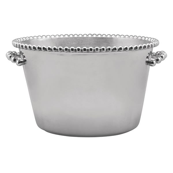 Silver ice bucket with decorative rim on a white background