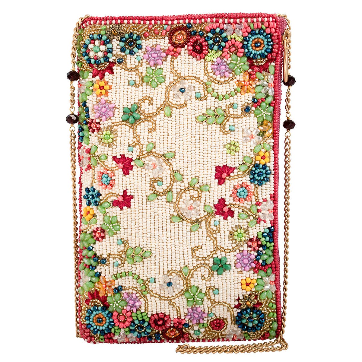 Colorful beaded handbag with floral patterns on a white background