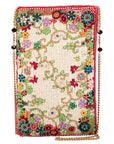 Colorful beaded handbag with floral patterns on a white background
