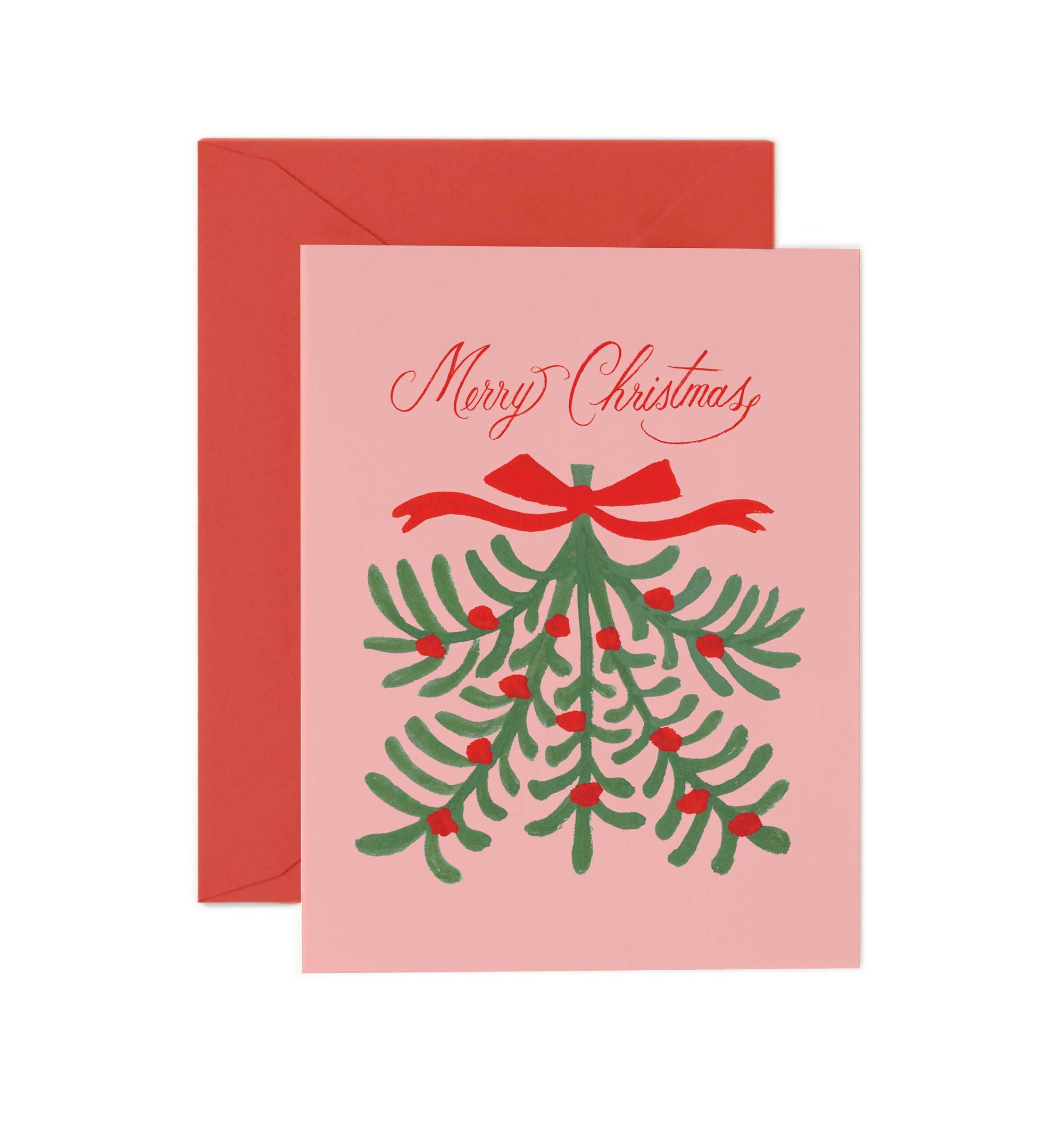 Christmas card with mistletoe design and red envelope on a white background