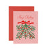 Christmas card with mistletoe design and red envelope on a white background