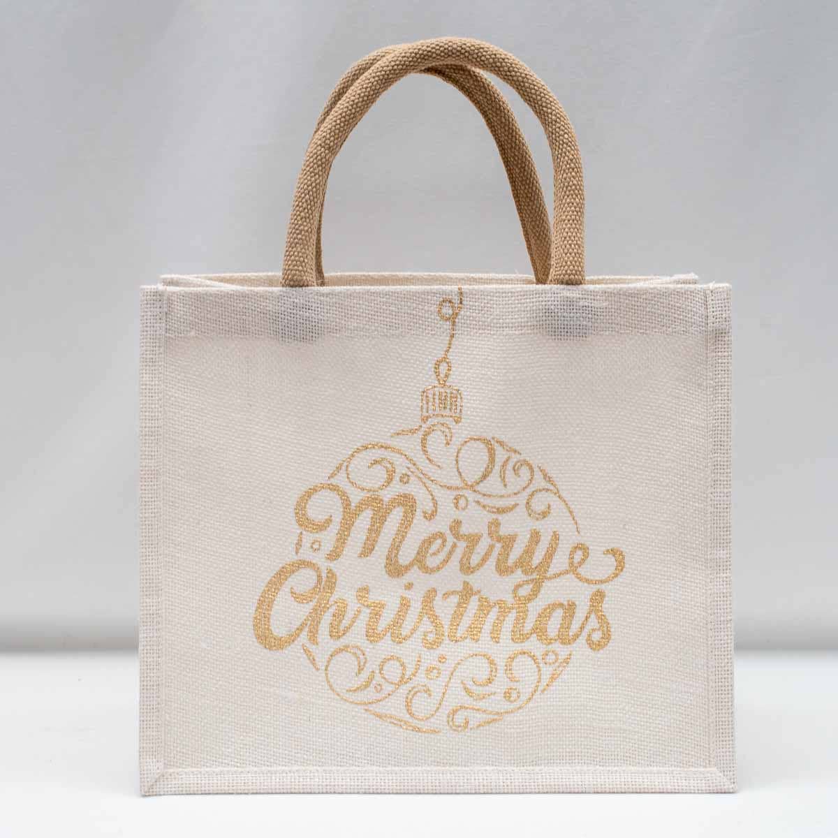 Beige tote bag with 'Merry Christmas' text and gold embroidery on a light gray background