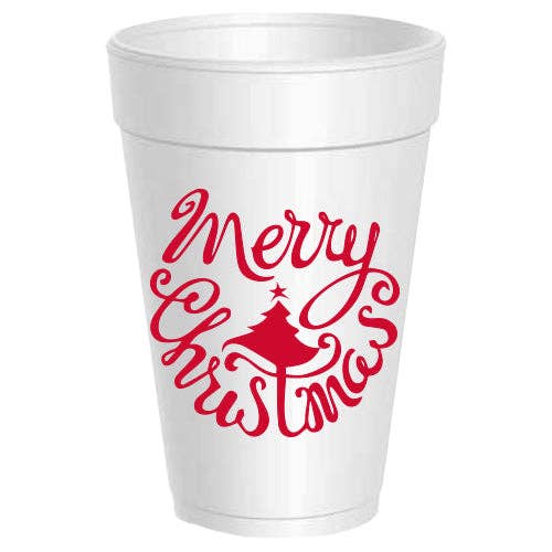 A white disposable foam cup with 'Merry Christmas' written in red cursive script and a red Christmas tree graphic on the front, set against a plain white background.
