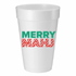 A white foam cup with the text 'MERRY MAHJ' printed in green and red colors.