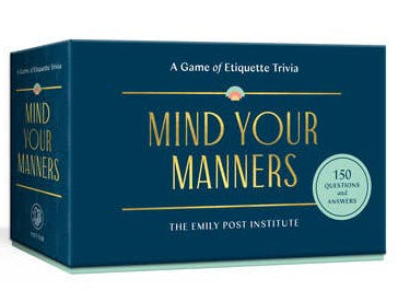 Box of 'Mind Your Manners' etiquette trivia game by The Emily Post Institute on a white background