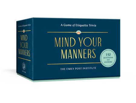 Box of 'Mind Your Manners' etiquette trivia game by The Emily Post Institute on a white background