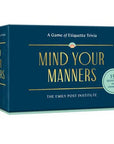 Box of 'Mind Your Manners' etiquette trivia game by The Emily Post Institute on a white background