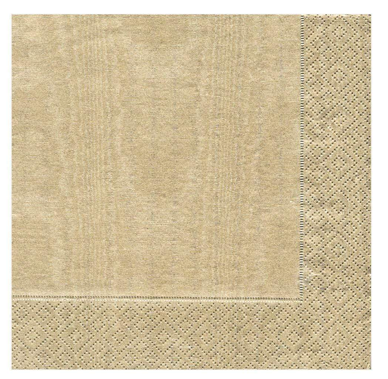 A close-up of a golden beige dinner napkin showing a textured field with a decorative border featuring a repeating diamond pattern.