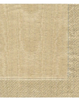 A close-up of a golden beige dinner napkin showing a textured field with a decorative border featuring a repeating diamond pattern.
