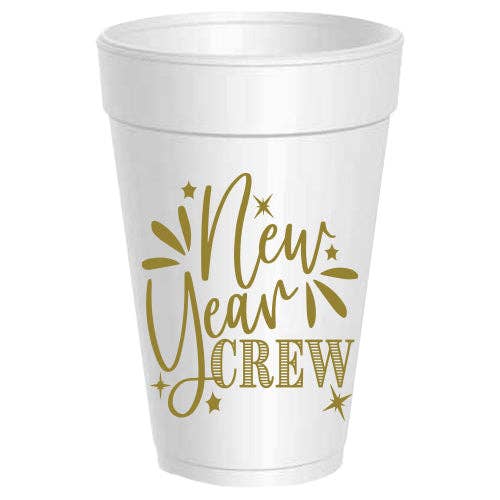 White styrofoam cup with 'New Year Crew' text in gold on a white background