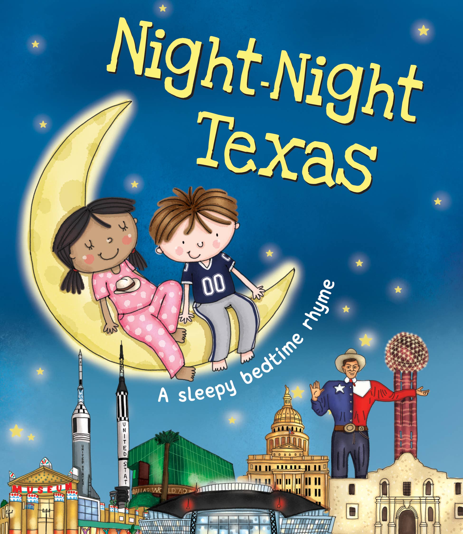 Book cover of 'Night-Night Texas' with two children on a crescent moon and Texas landmarks below.