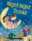 Book cover of 'Night-Night Texas' with two children on a crescent moon and Texas landmarks below.