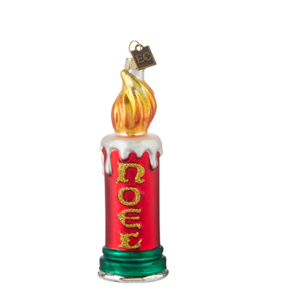 Decorative candle ornament with 'NOEL' text on a white background
