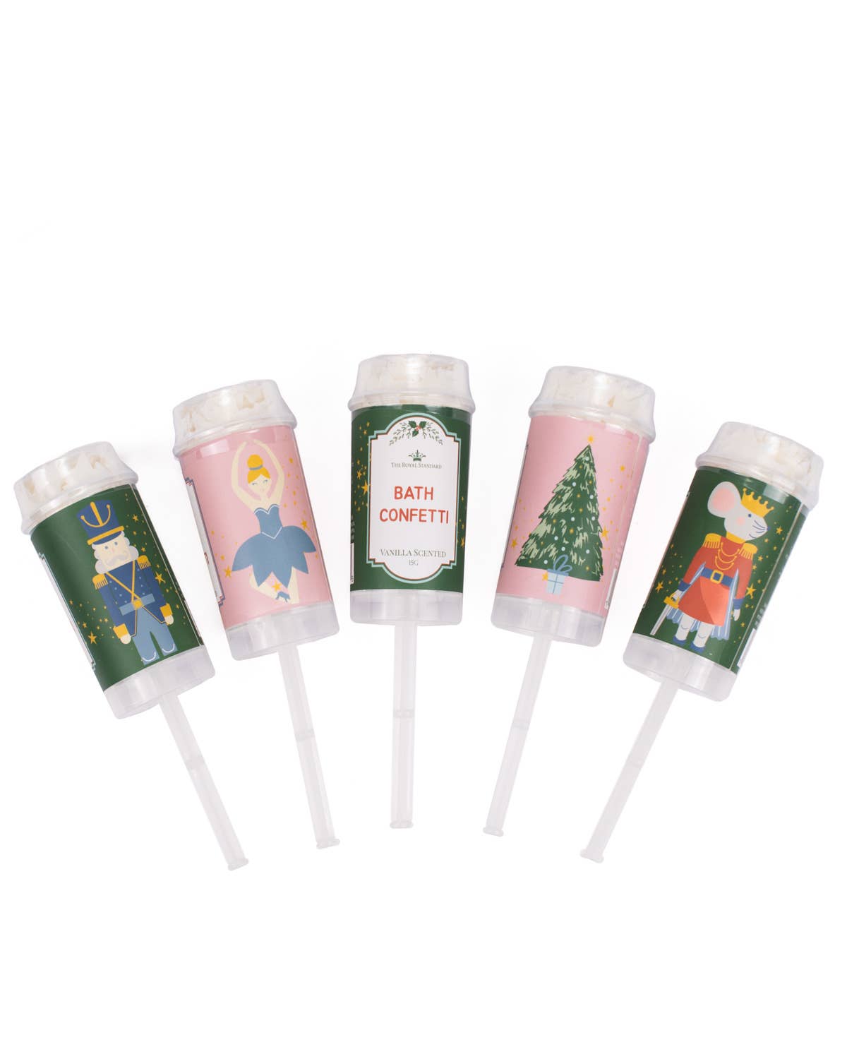 Set of five bath confetti containers with colorful labels on a white background