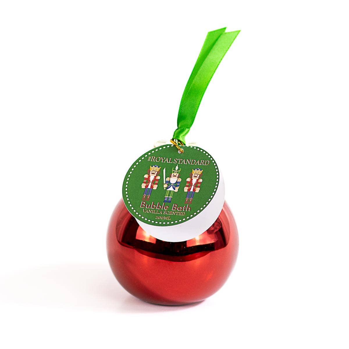 Red bubble bath ornament with a green tag and ribbon on a white background
