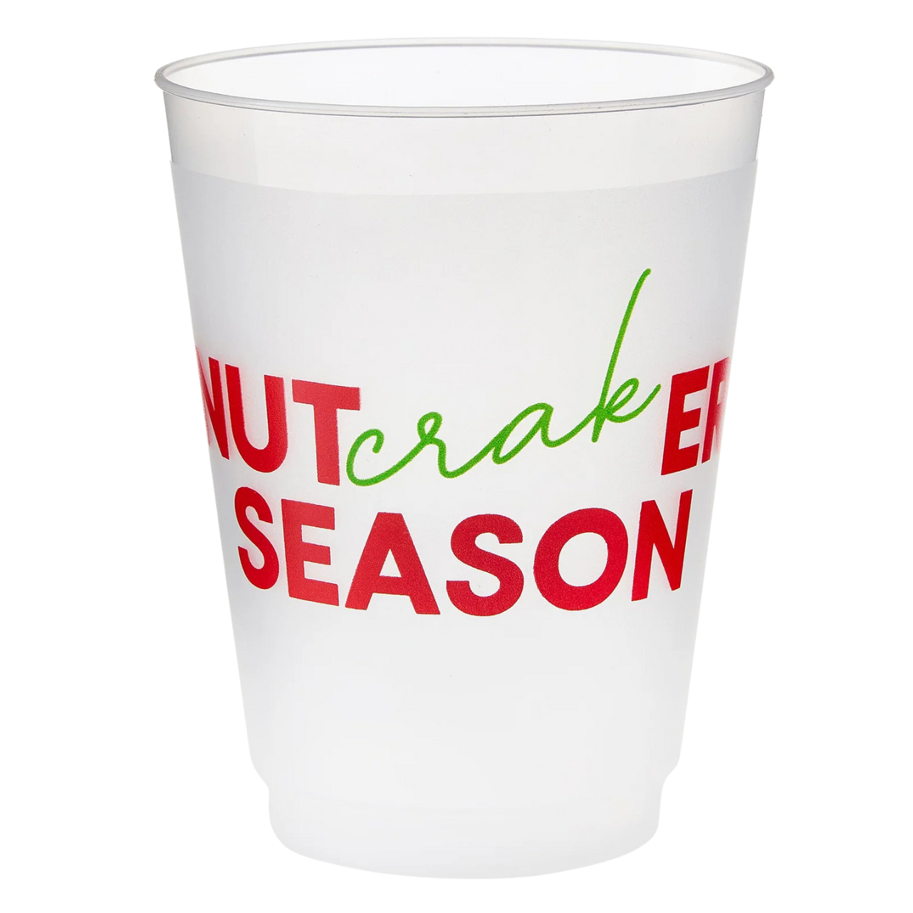 Clear plastic cup with 'Nutcracker Season' text on a white background