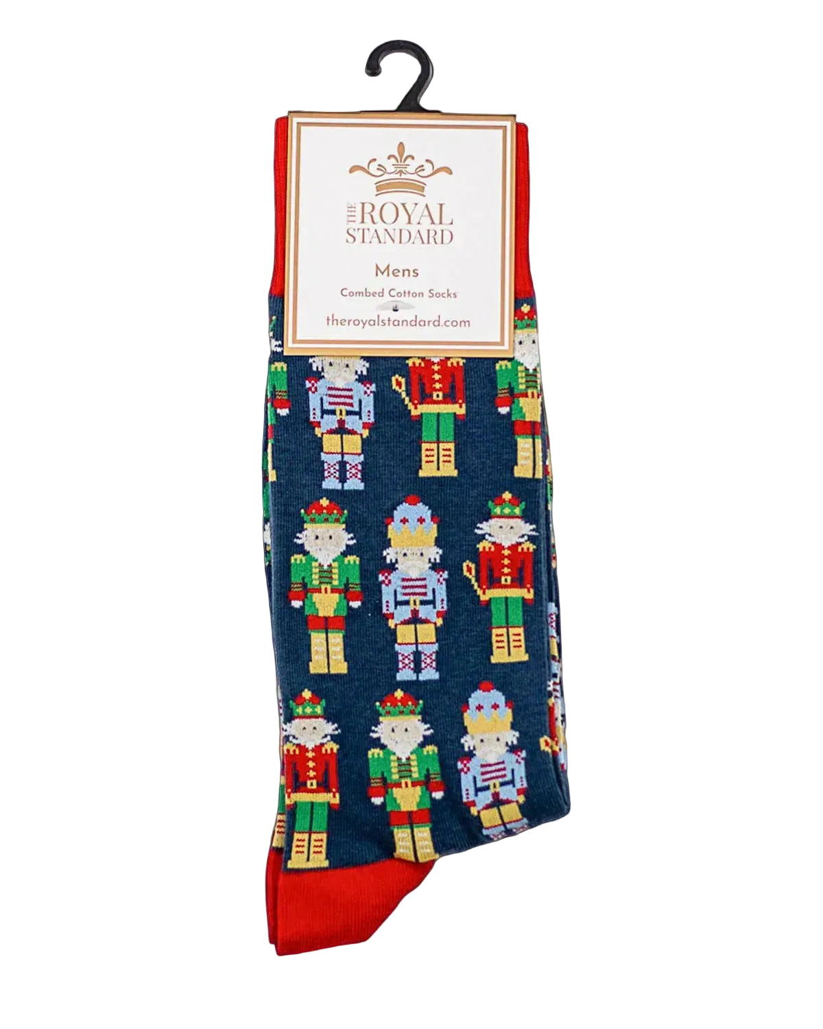Packaged men's socks with nutcracker design on a white background
